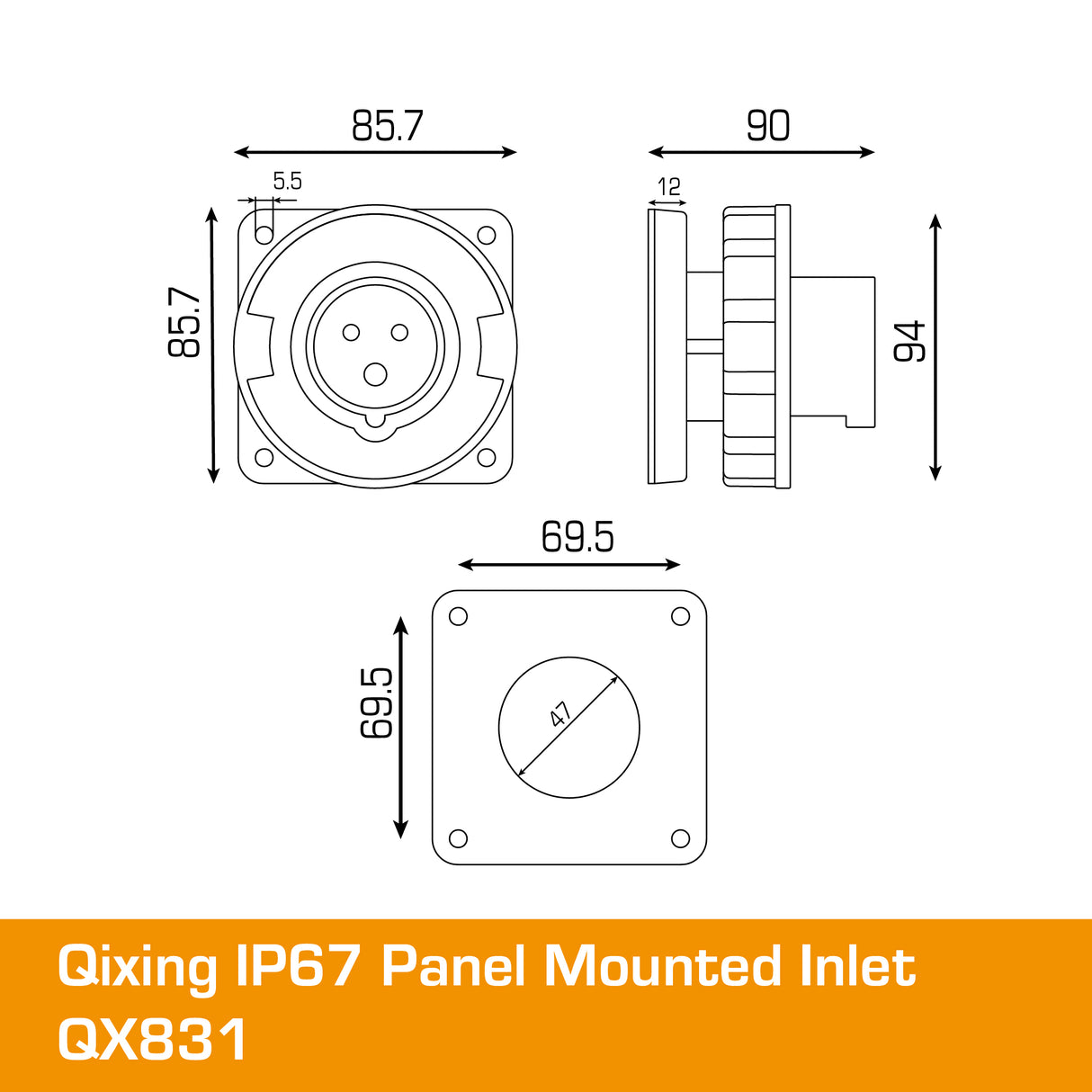 QIXING IP67 Panel Mounted Inlet - 32A 3 Pin QX831