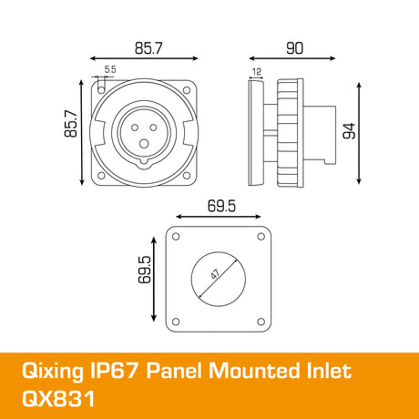 QIXING IP67 Panel Mounted Inlet - 32A 3 Pin QX831