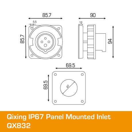 QIXING IP67 Panel Mounted Inlet - 32A 4 Pin QX832