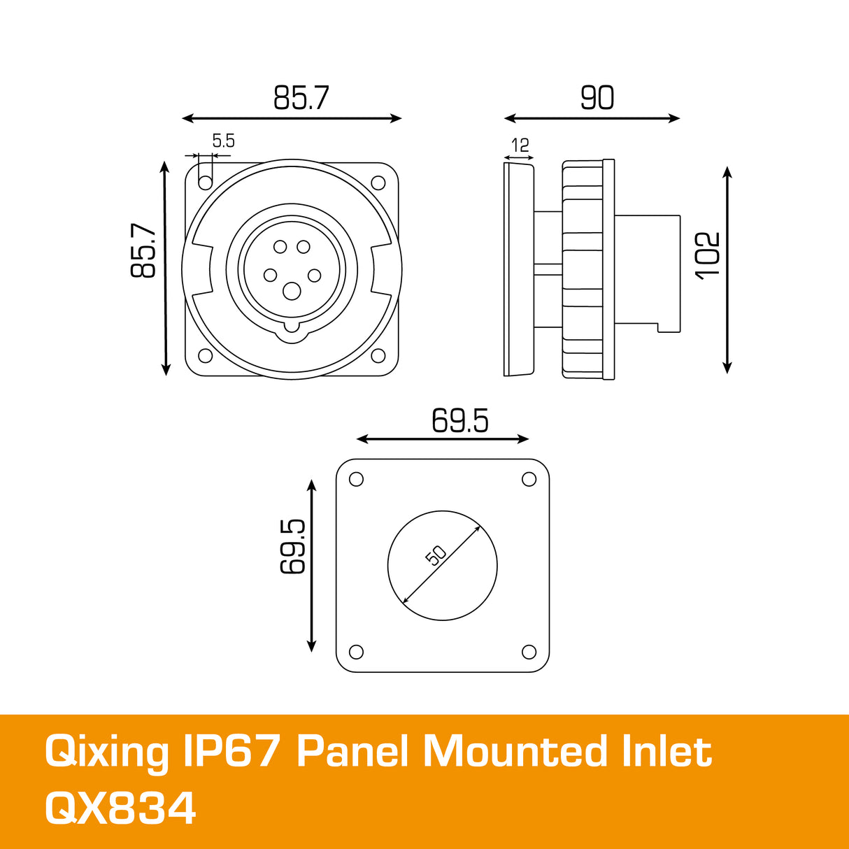 QIXING IP67 Panel Mounted Inlet - 32A 5 Pin QX834