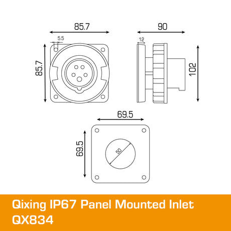 QIXING IP67 Panel Mounted Inlet - 32A 5 Pin QX834