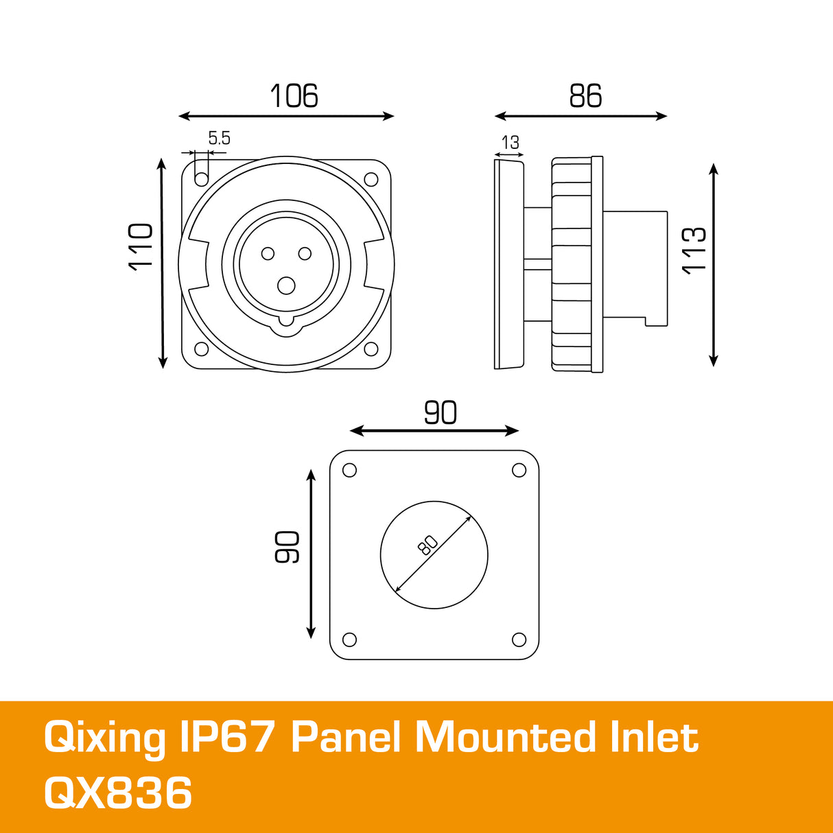 QIXING IP67 Panel Mounted Inlet - 63A 3 Pin QX836