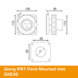 QIXING IP67 Panel Mounted Inlet - 63A 3 Pin QX836