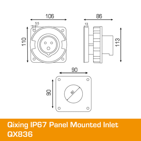 QIXING IP67 Panel Mounted Inlet - 63A 3 Pin QX836