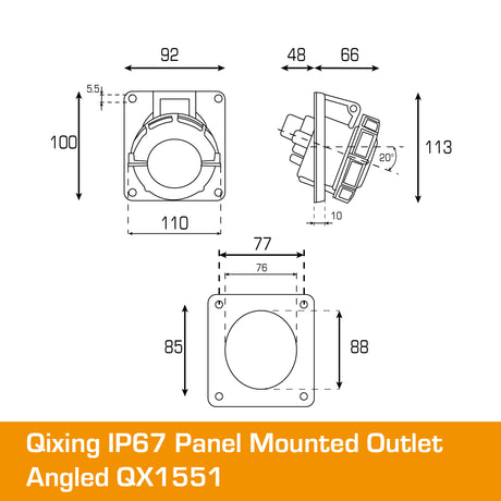 QIXING IP67 Panel Outlet Angled - 32A 5 Pin QX1551