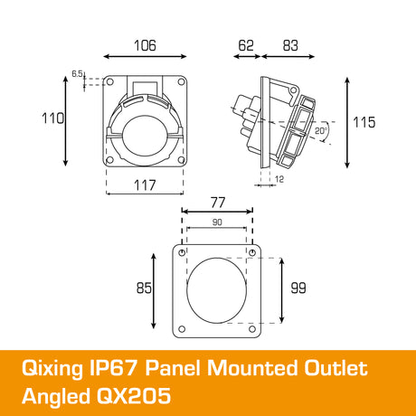 QIXING IP67 Panel Outlet Angled - 63A 4 Pin QX205