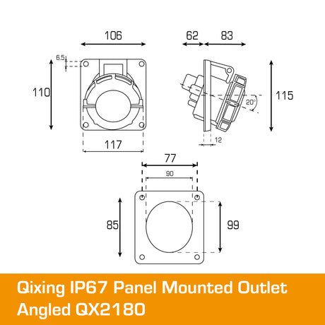 QIXING IP67 Panel Outlet Angled - 63A 3 Pin QX2180