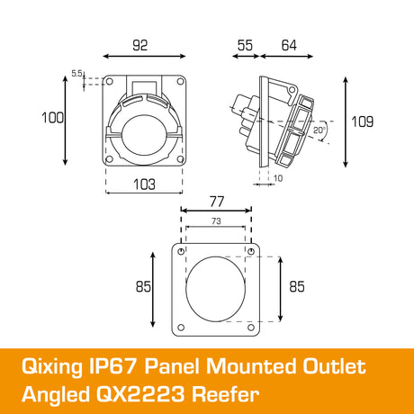 QIXING IP67 Panel Outlet Angled - 32A 4 Pin QX2223 Reefer