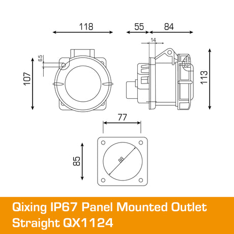 QIXING IP67 Panel Outlet Straight - 63A 4 Pin QX1124