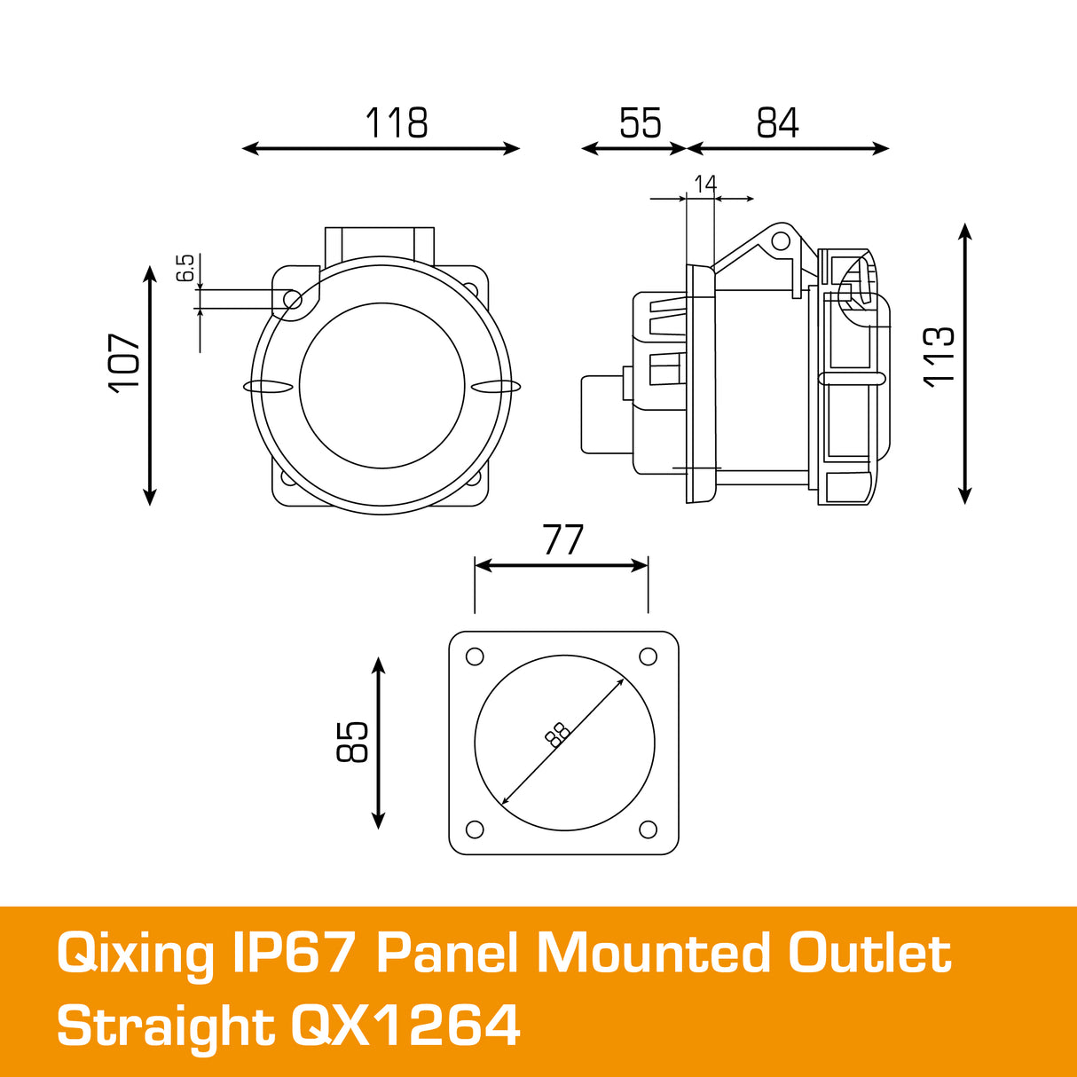 QIXING IP67 Panel Outlet Straight - 63A 3 Pin QX1264