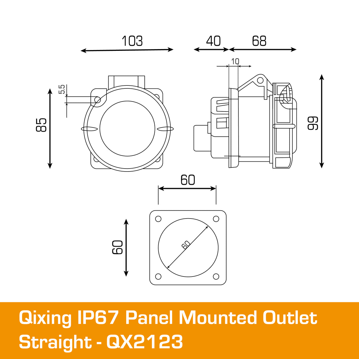 QIXING IP67 Panel Outlet Straight - 32A 4 Pin Reefer QX2123