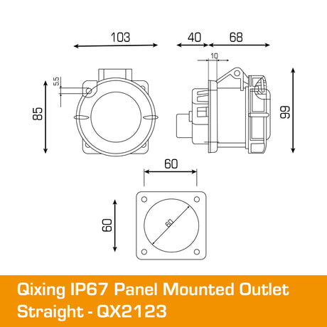 QIXING IP67 Panel Outlet Straight - 32A 4 Pin Reefer QX2123