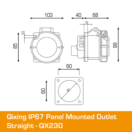 QIXING IP67 Panel outlet straight - 32A 3 Pin 230V QX230