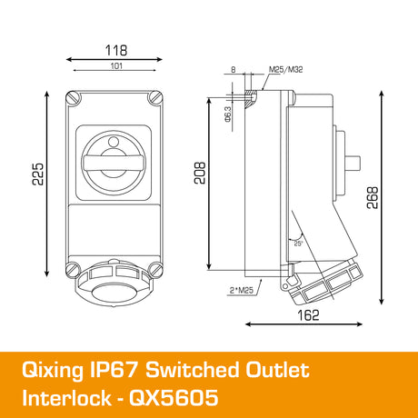 QIXING IP67 Interlocked Switched Socket Outlet - 32A 4 Pin QX5605