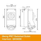 QIXING IP67 Interlocked Switched Socket Outlet - 32A 5 Pin QX5608