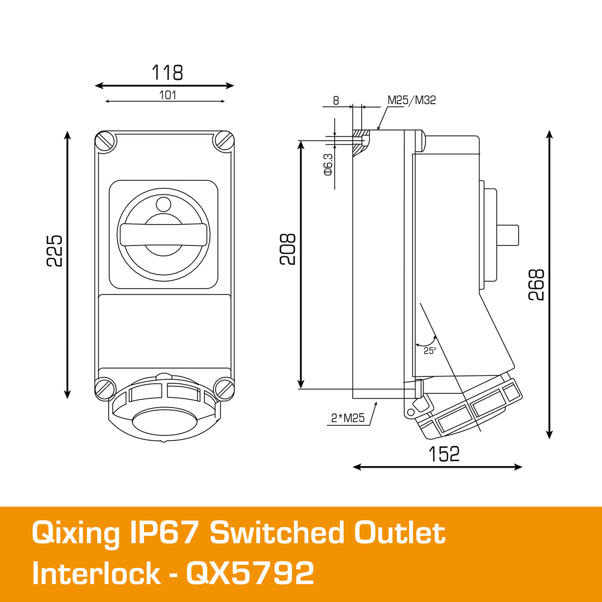 QIXING IP67 Interlocked Switched Socket Outlet - 32A 4 Pin Reefer QX5792