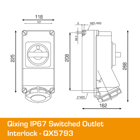 QIXING IP67 Interlocked Switched Socket Outlet - 32A 3 Pin QX5793