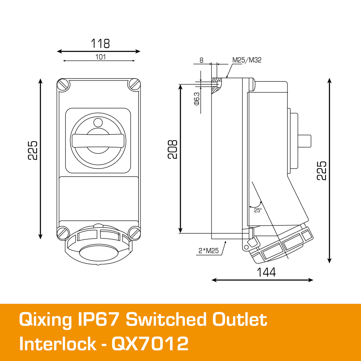 QIXING IP67 Interlocked Switched Socket Outlet - 16A 3 Pin QX7012