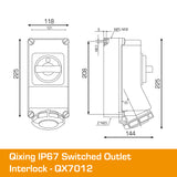 QIXING IP67 Interlocked Switched Socket Outlet - 16A 3 Pin QX7012