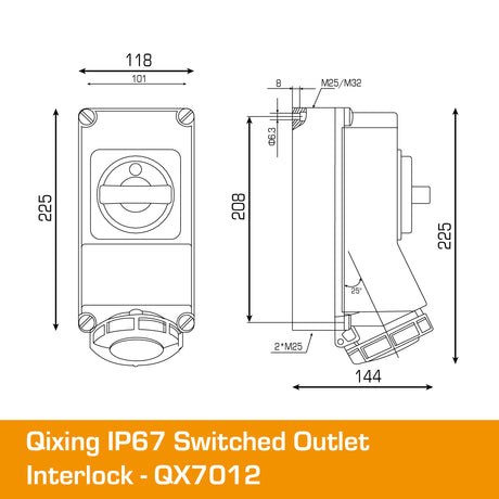 QIXING IP67 Interlocked Switched Socket Outlet - 16A 3 Pin QX7012