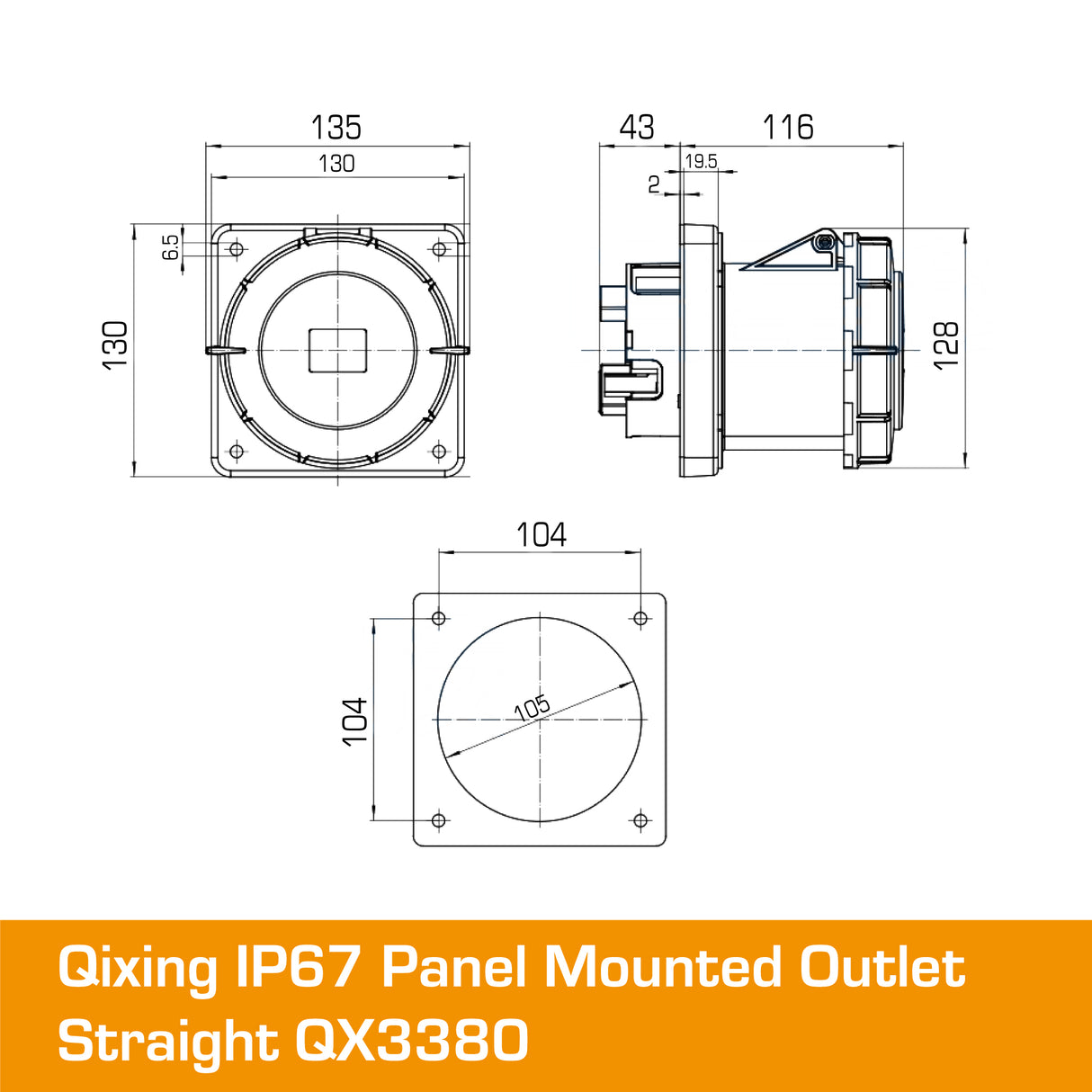 QIXING IP67 Panel Outlet Straight - 125A 3 Pin QX3380