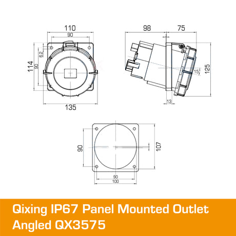 QIXING IP67 Panel Outlet Angled - 125A 3 Pin QX3575