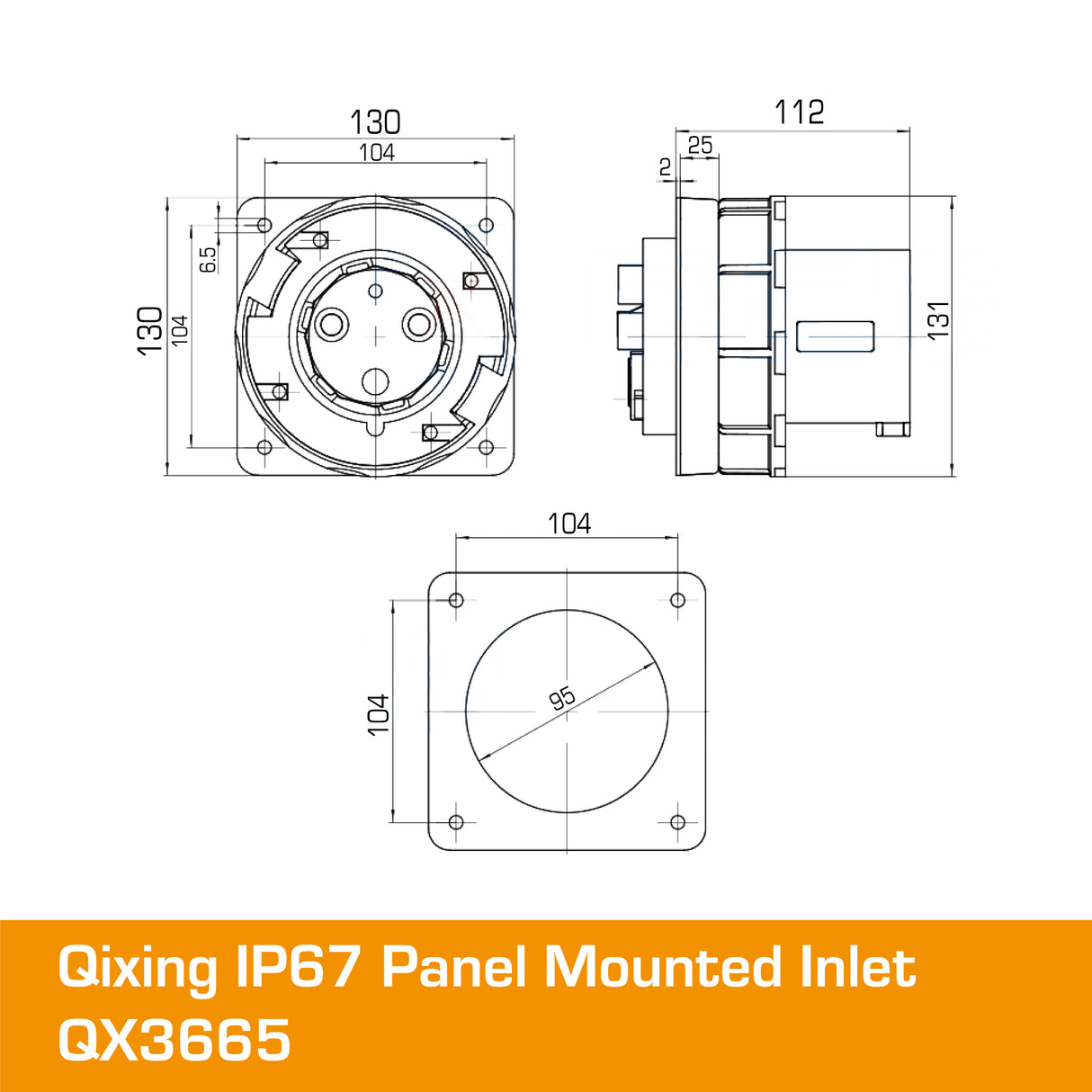 QIXING IP67 Panel Mounted Inlet - 125A 3 Pin QX3665