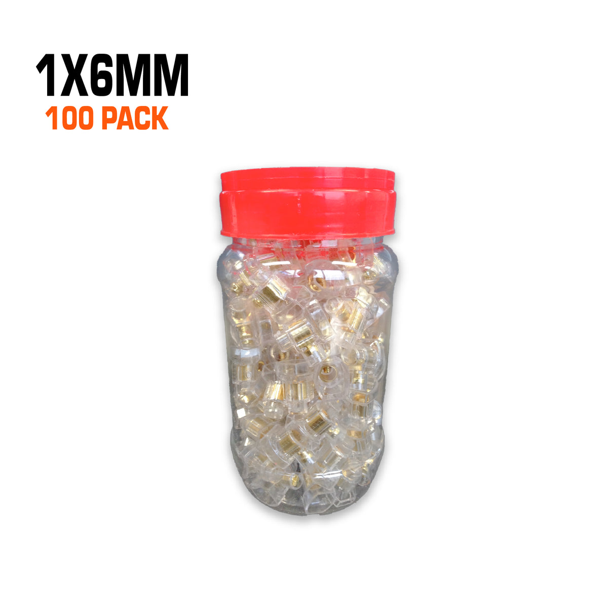 100-pack jar of single 6mm screw connectors.