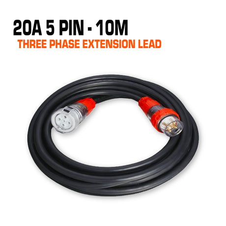 Three phase extension lead cable 20 amp with 5 pins, 10 metre.