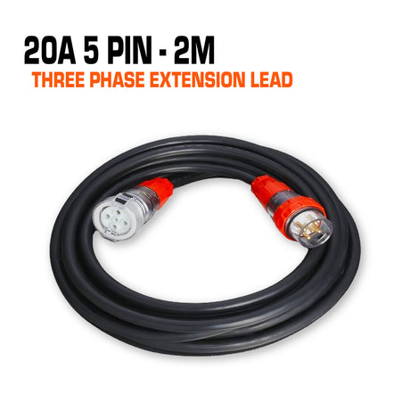 Three phase extension lead cable 20 amp with 5 pins, 2 metre.