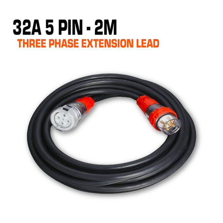 Three phase extension lead cable 32 amp with 5 pins, 2 metre.