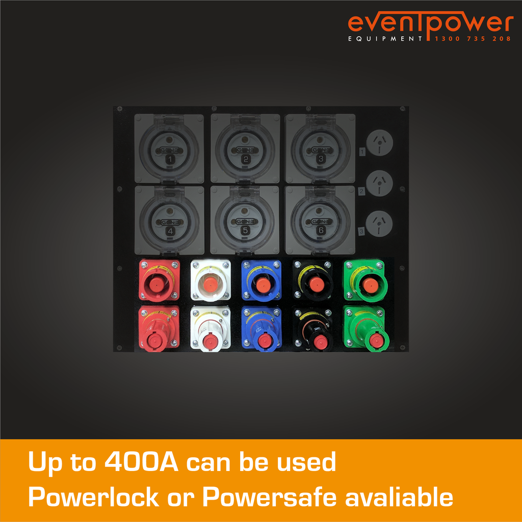 8RU 400A Rack Mount Board w/ 6x50A RCD + 3x20A + Powerlocks flow throu ...