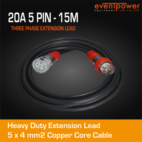 20A 3 Phase 5 Pin Extension Lead (15M)