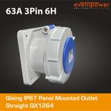Qixing IP67 Panel Outlet Straight - 63A 3 Pin QX1264