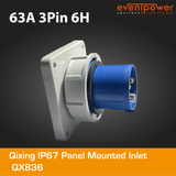 Qixing IP67 Panel Mounted Inlet - 63A 3 Pin QX836